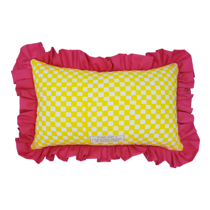 Yellow Check Ruffled Rectangular Cushion