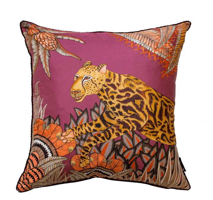 Cheetah Kings Forest Silk Cushion Cover - Plum