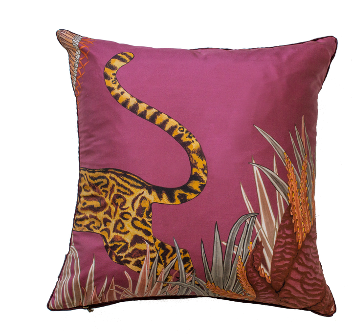 Cheetah Kings Forest Silk Cushion Cover - Plum