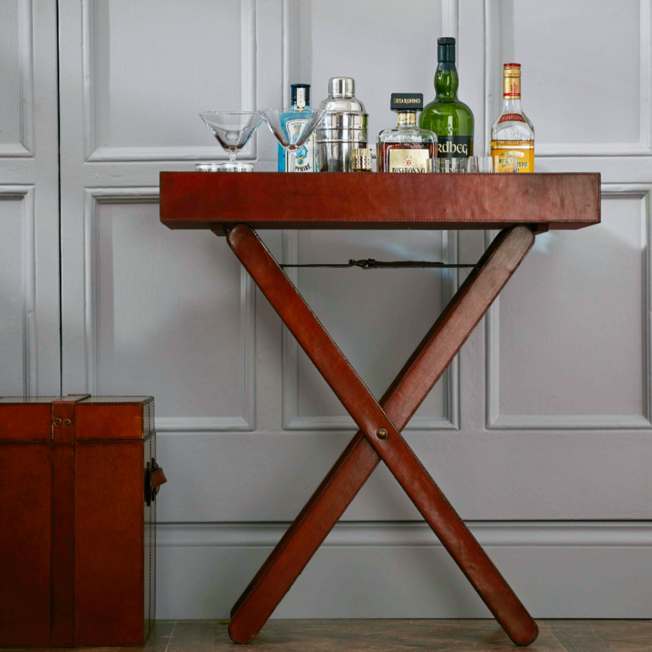 Tan Leather Butler Tray Table