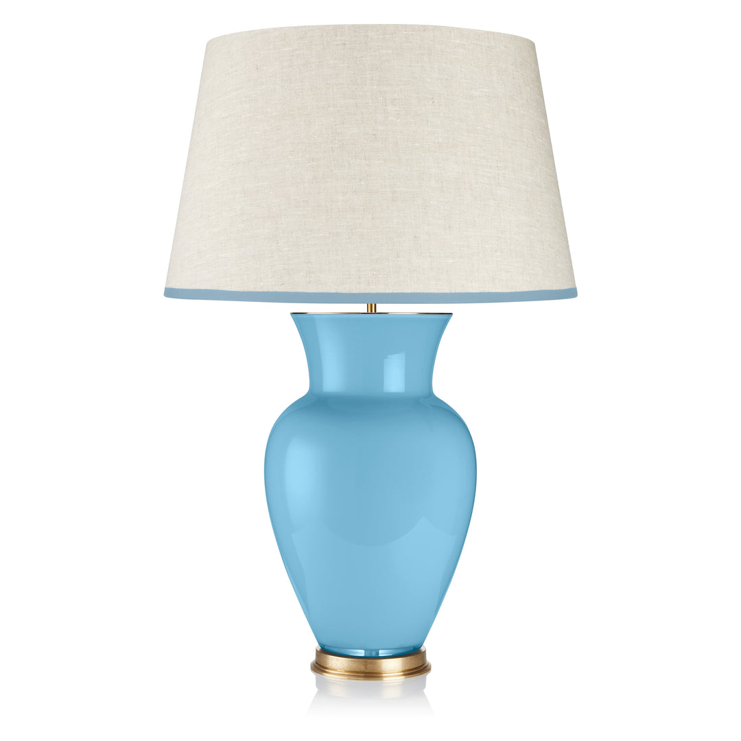Stretched Linen Lampshade with Ribbed Sky Blue Trim