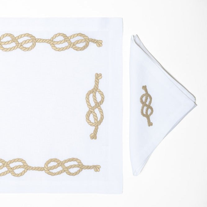 Gold Boat Knots Embroidered Linen Placemat & Napkin Set