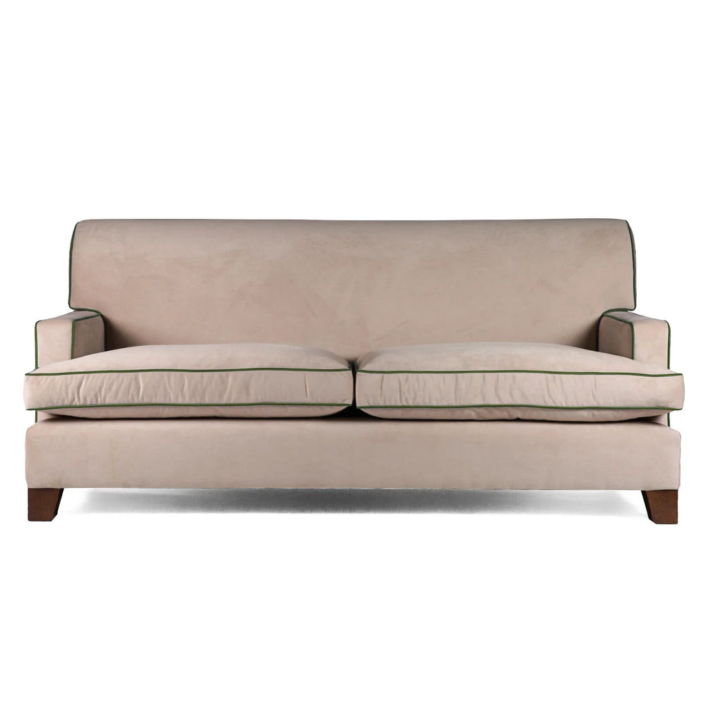 The Kelling Sofa in Smoke Velvet with Moss Green Piping | Decoralist