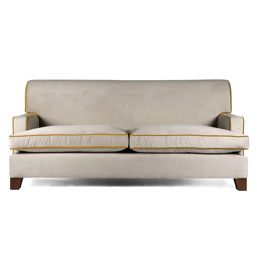 The Kelling Sofa in Smoke Velvet with Marmalade Yellow Piping | Decoralist