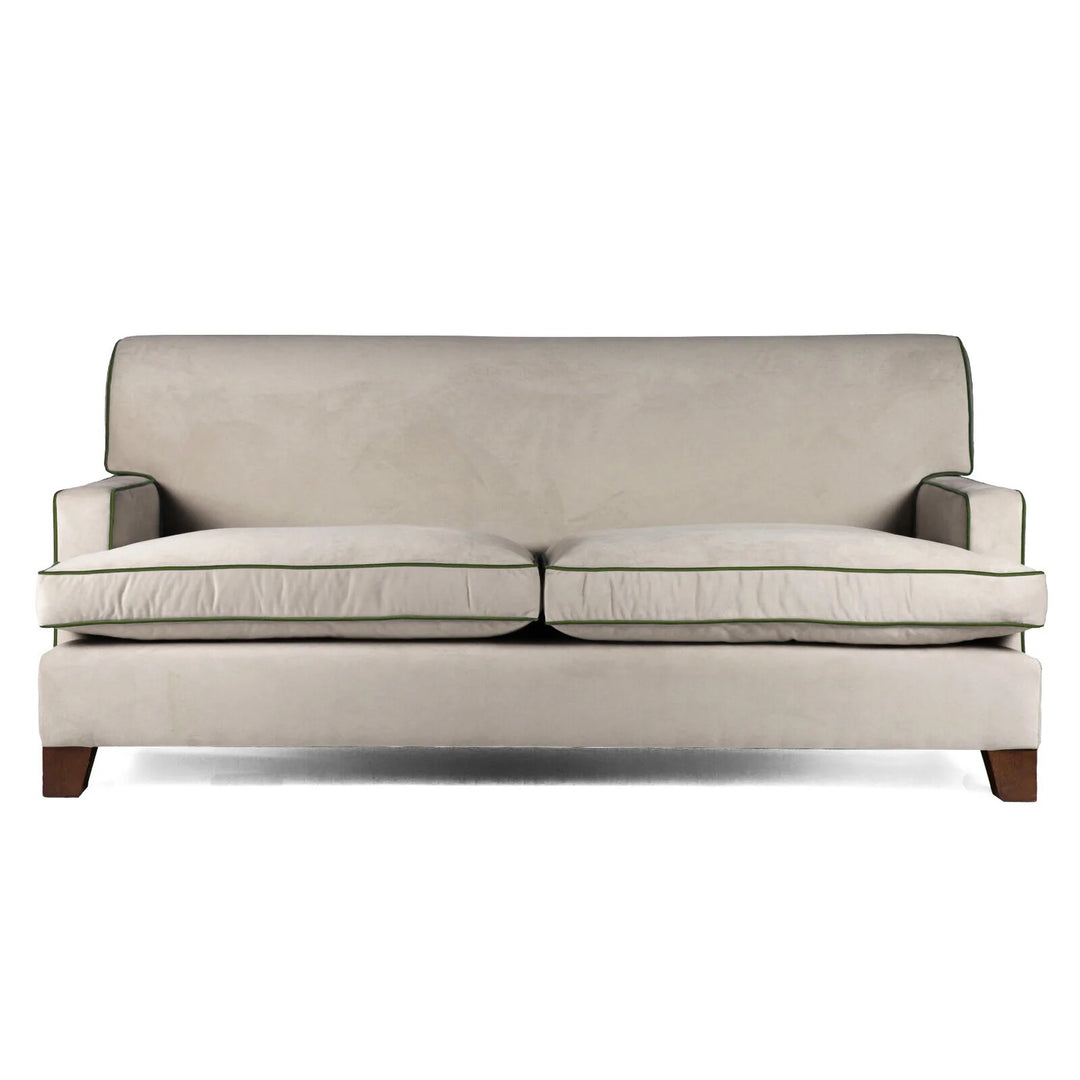 The Kelling Sofa in Putty Velvet with Moss Green Piping | Decoralist