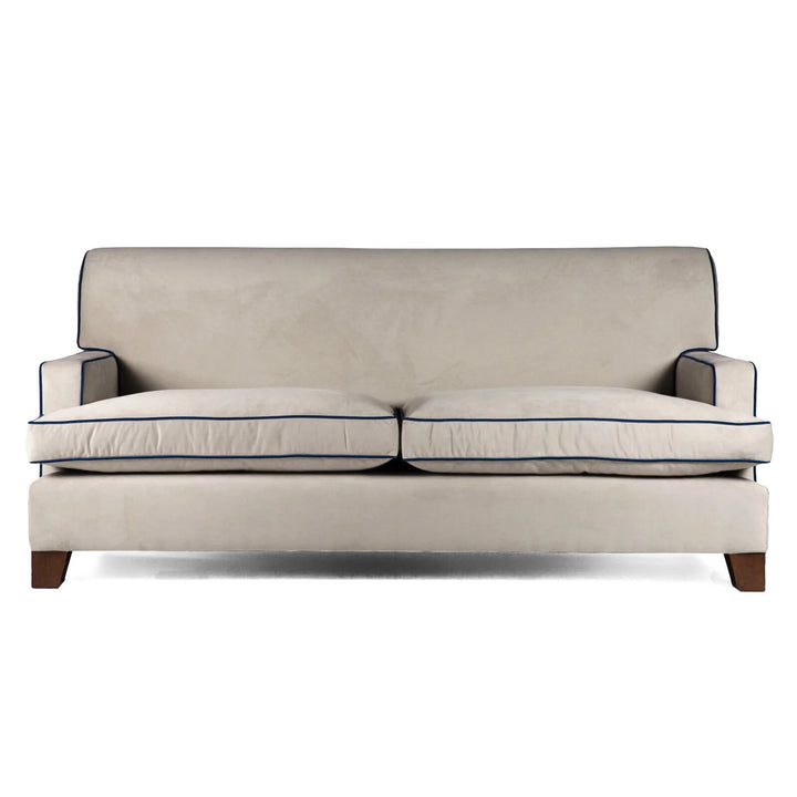The Kelling Sofa in Smoke Velvet with Navy Blue Piping | Decoralist