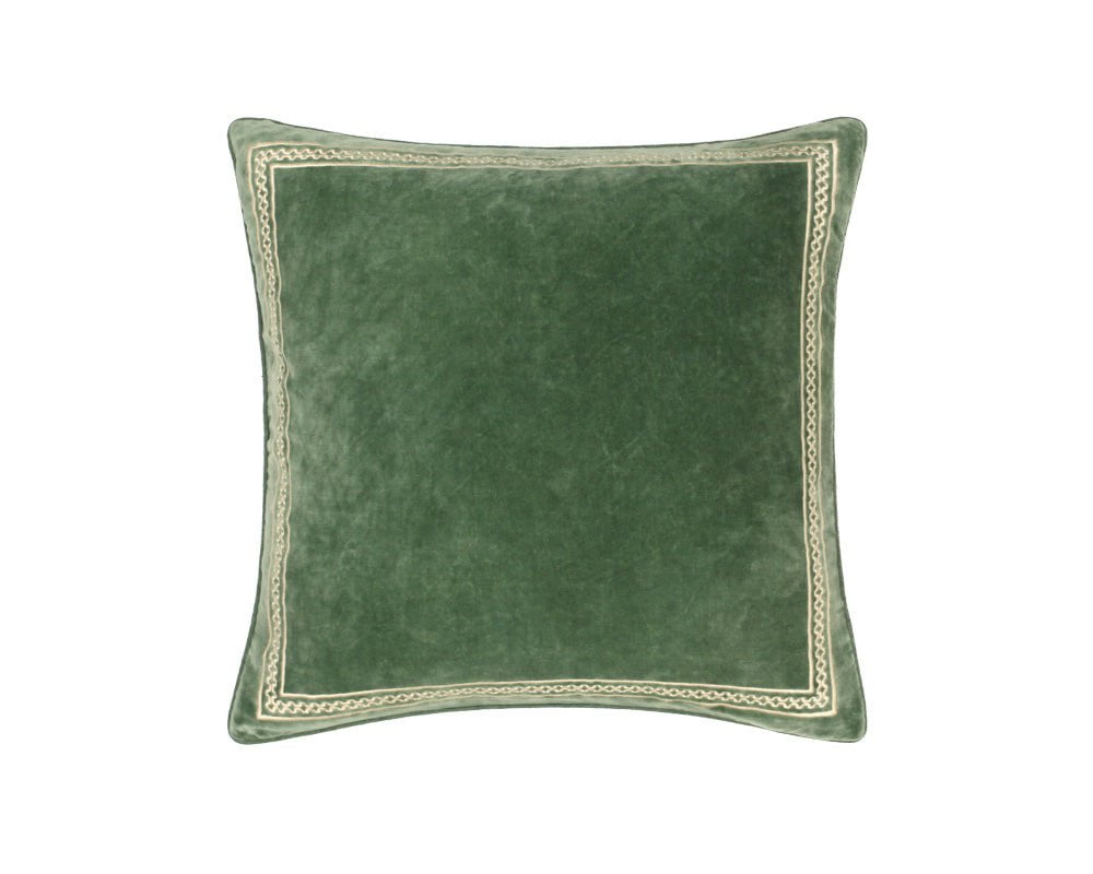 Shisho Embroidered Velvet Square Cushion - Forest Green