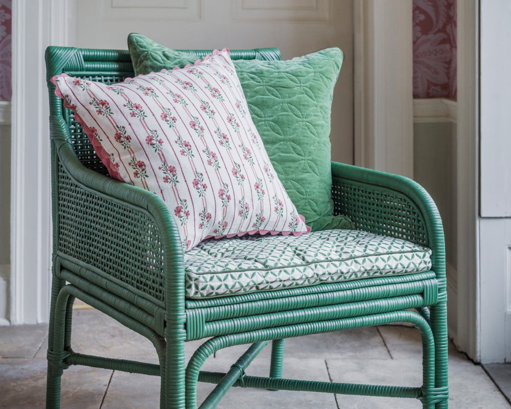 Embroidered Velvet Trellis Square Cushion - Green