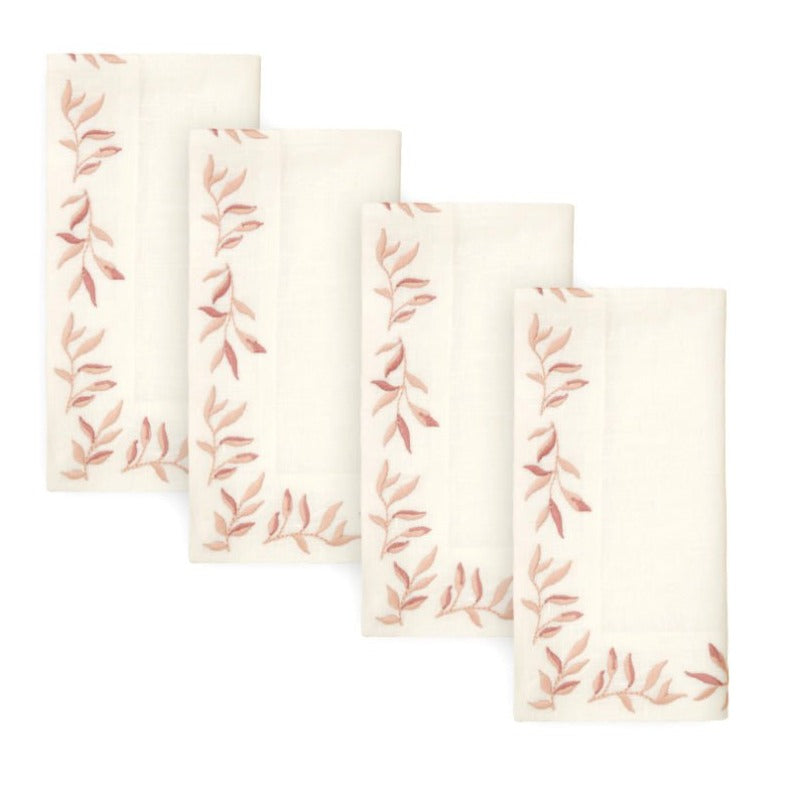 Foliage Embroidered Linen Napkin - Pink