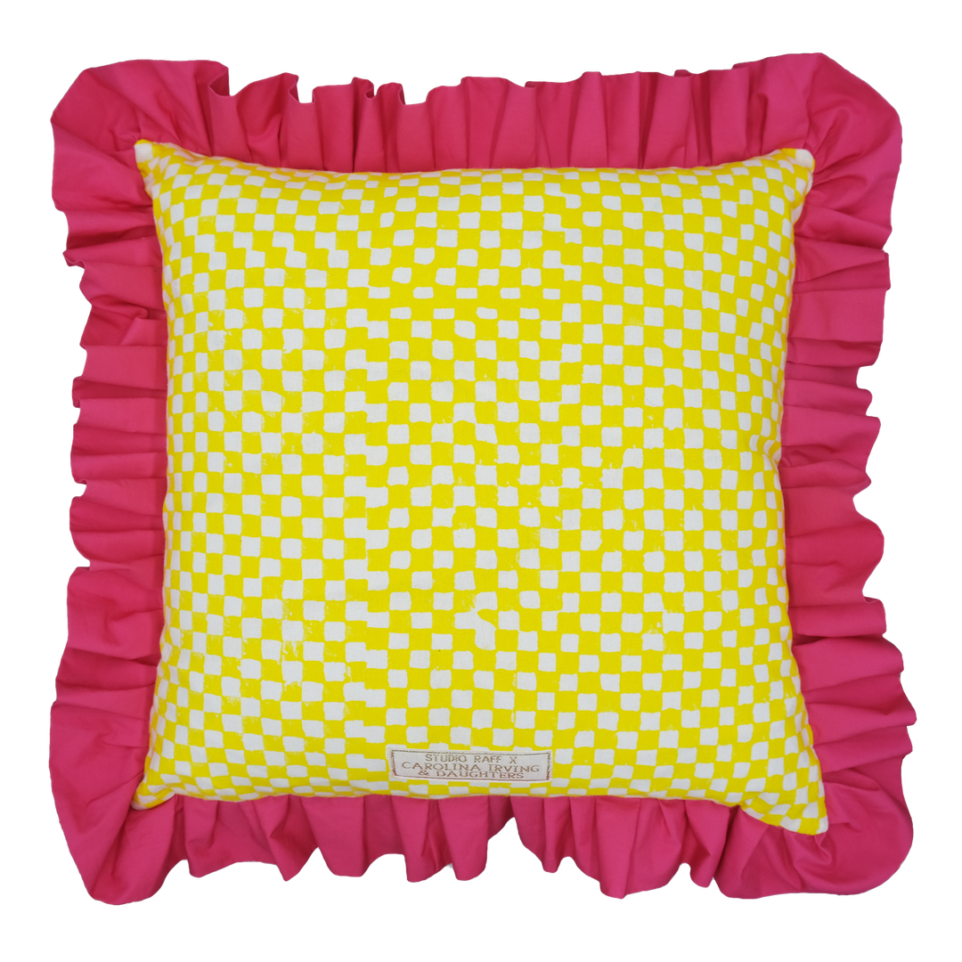 Atelier Raff x Carolina Irving & Daughters Yellow Check Ruffled Square Cushion