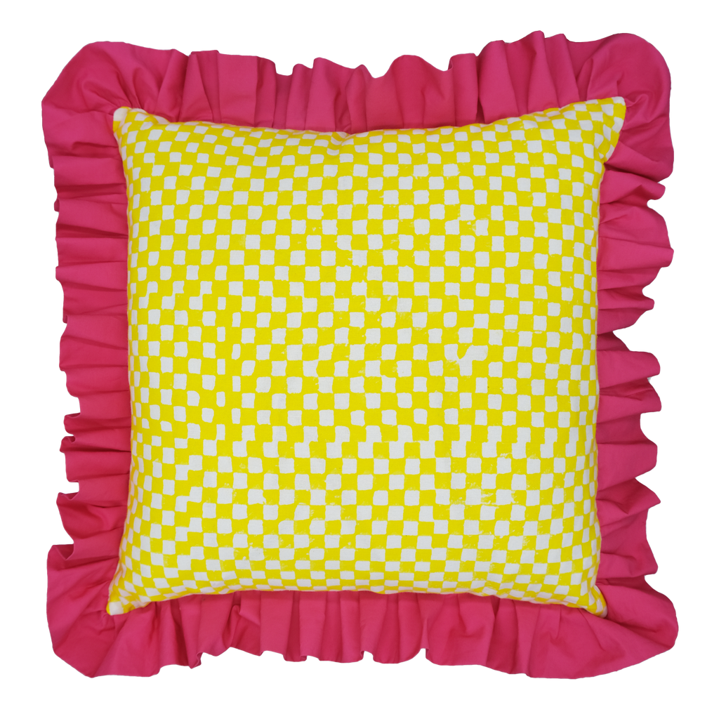 Atelier Raff x Carolina Irving & Daughters Yellow Check Ruffled Square Cushion