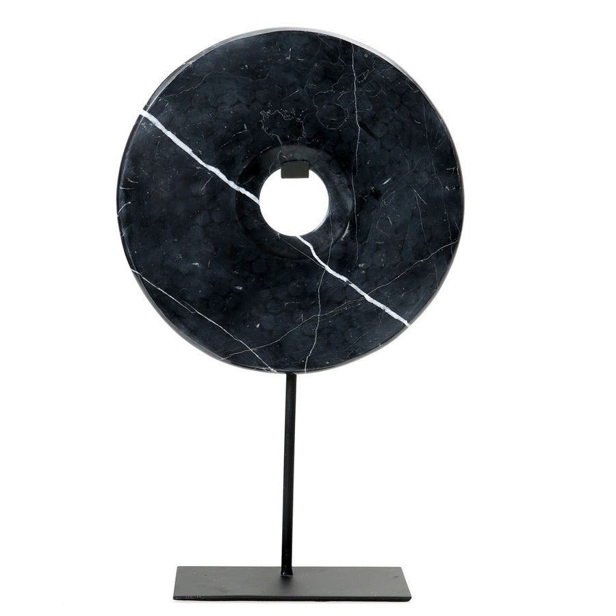 Large Noir Marble Disc On Stand Sculpture