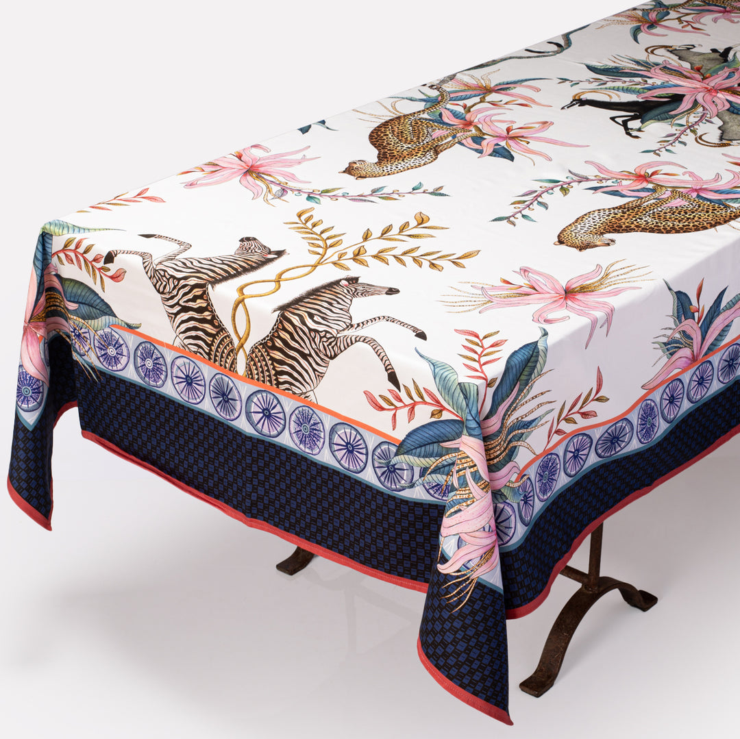 Leopard Lily Tablecloth in Frost - Ardmore Design