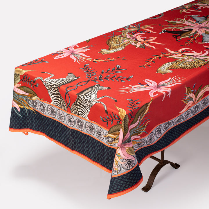 Leopard Lily Rectangular Tablecloth - Royal Red