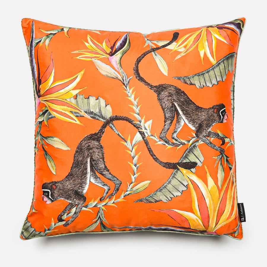 Monkey Paradise Silk Cushion Cover in Flame | Ardmore Design