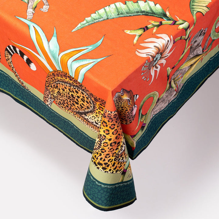 Monkey Paradise Square Tablecloth in Coral - Ardmore Design