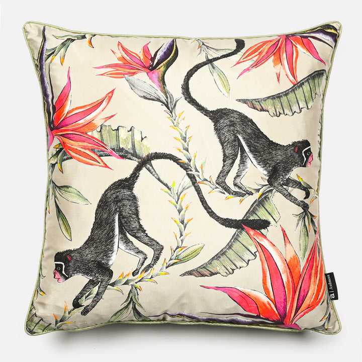 Monkey Paradise Silk Cushion Cover in Stone | Ardmore Design