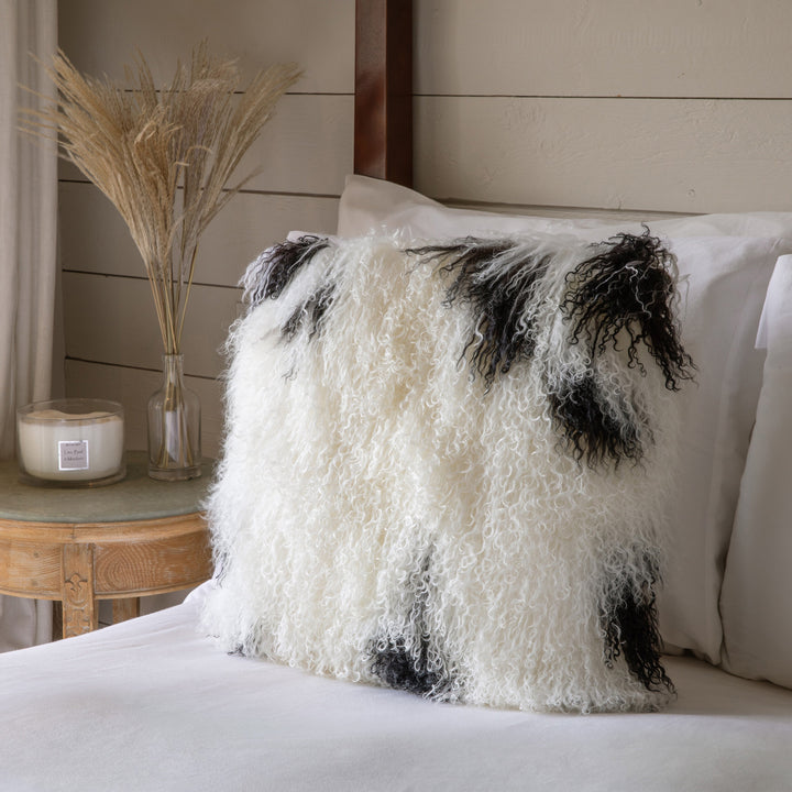 White & Black Tibetan Sheepskin Cushion