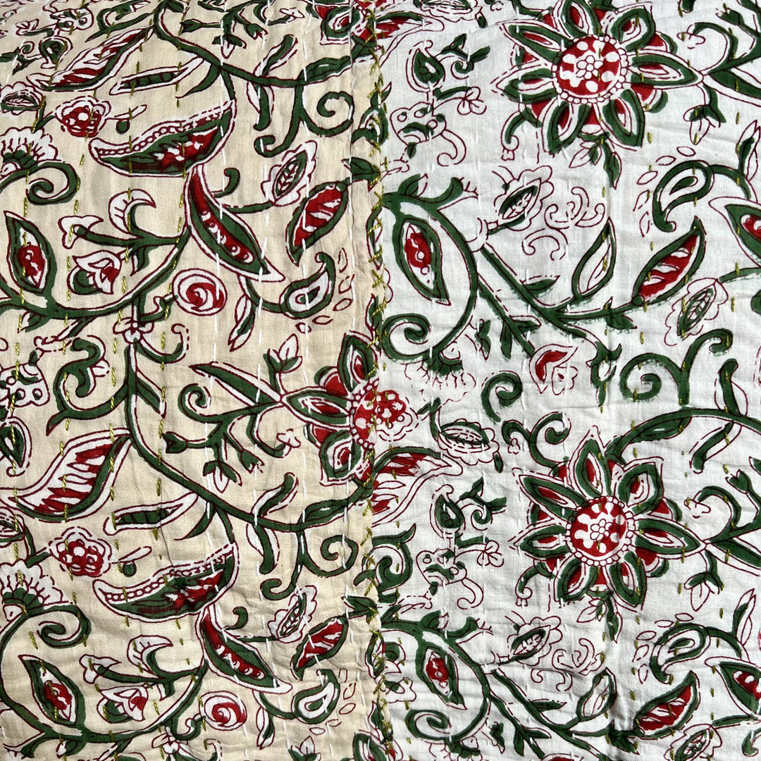 Flora Reversible Kantha Bed Quilt | Artisinal Multicoloured Blockprint Quilt - Decoralist