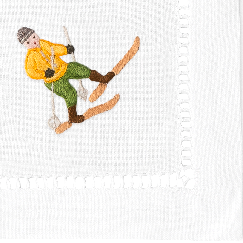Skiers Embroidered Cocktail Napkins