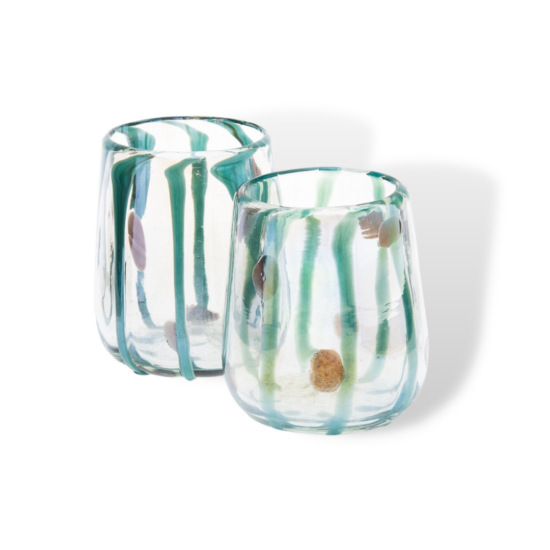 Dripping Emerald Green Hand-Blown Glass Tumblers - Pair