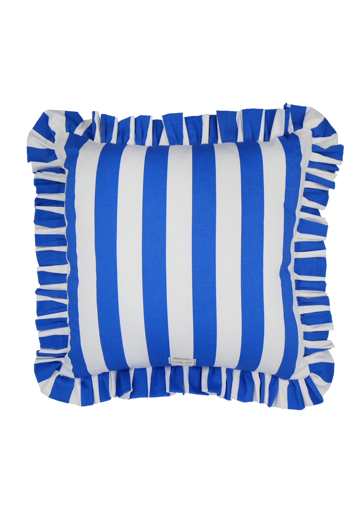 Blue Striped Toot Sweet Square Ruffled Cushion