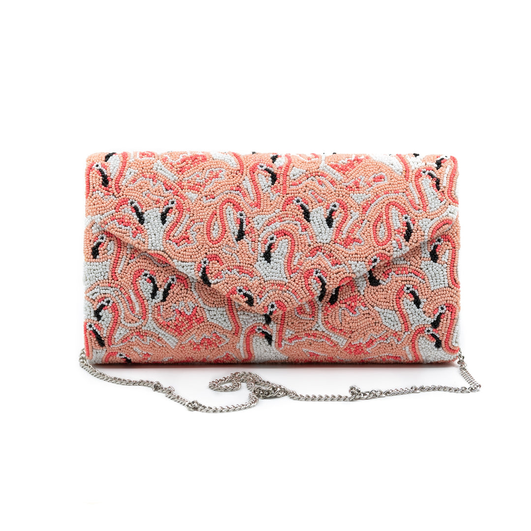 Pink Flamingos Beaded Handbag