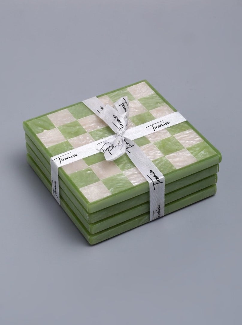Green Check Resin Coasters - Set of 4