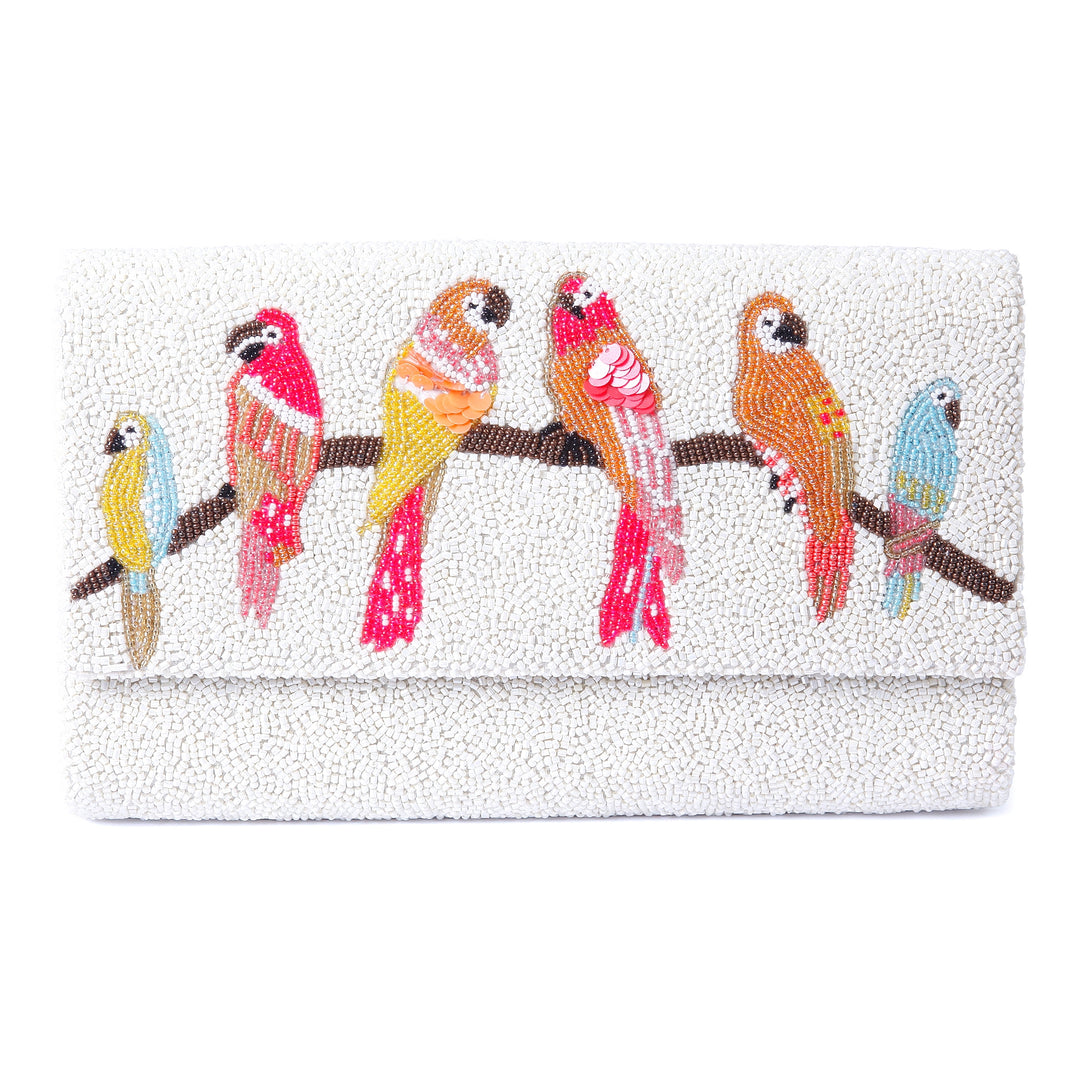 Sitting Parrots Beaded Clutch