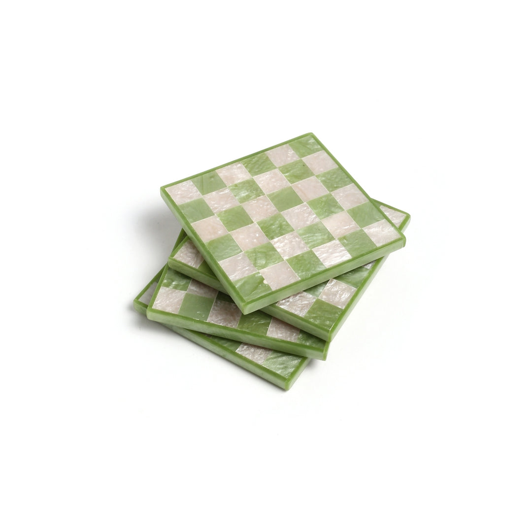 Green Check Resin Coasters - Set of 4