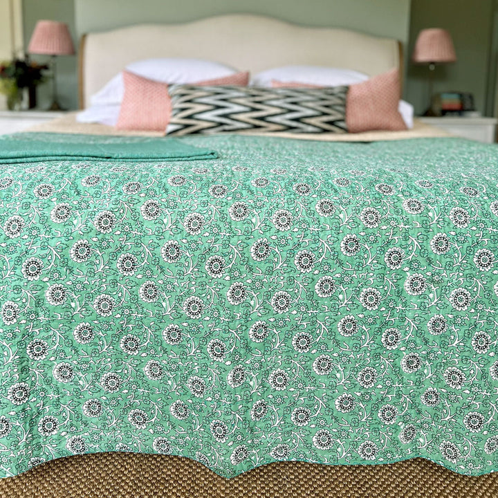 Rio Reversible Kantha Bed Quilt | Artisinal Turquoise Blockprint Quilt - Decoralist