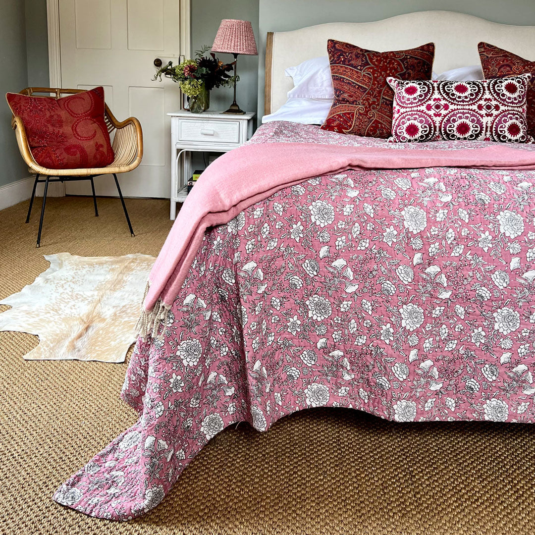 Rosalie Reversible Kantha Bed Quilt | Artisinal Pink Blockprint Quilt - Decoralist