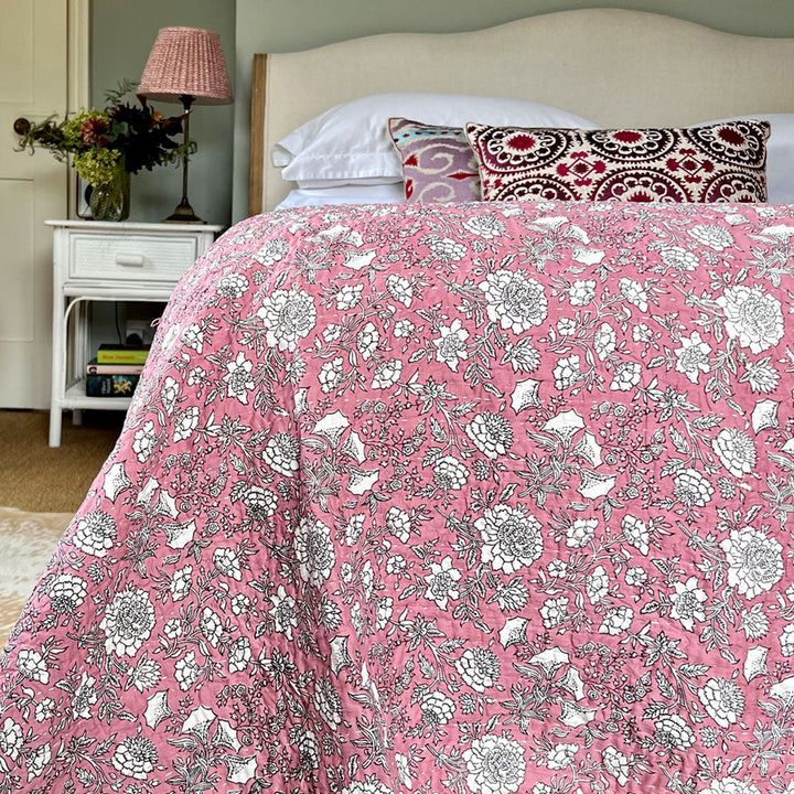 Rosalie Reversible Kantha Bed Quilt | Artisinal Pink Blockprint Quilt - Decoralist