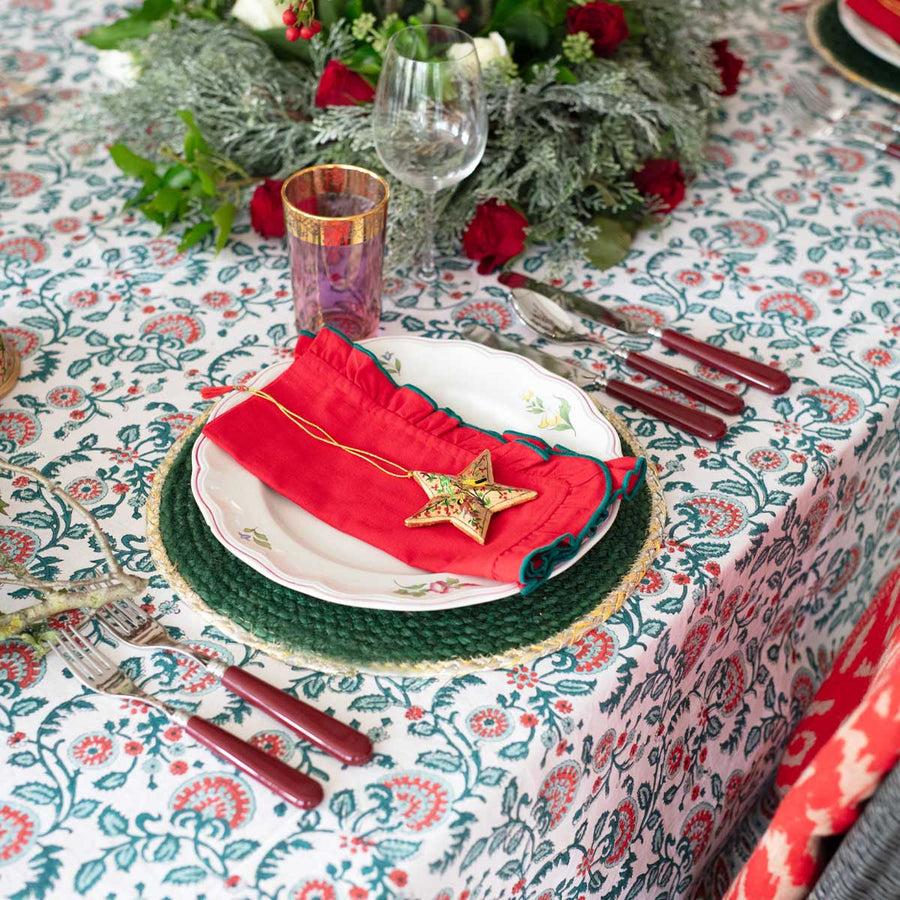 Nomi K Red-Hand Embroidered Peacock Napkin - 24, Table Linens Napkins