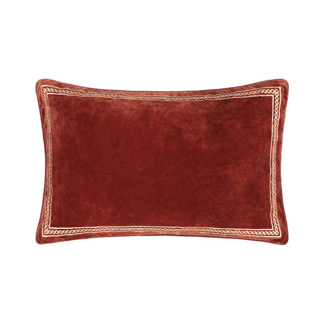 Shisho Embroidered Velvet Rectangular Cushion - Carmine Red