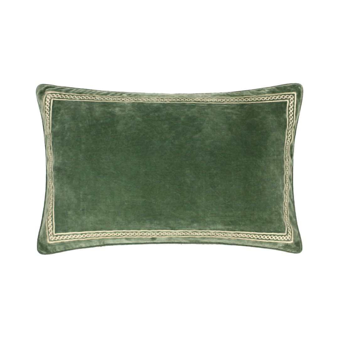 Shisho Embroidered Velvet Rectangular Cushion - Forest Green