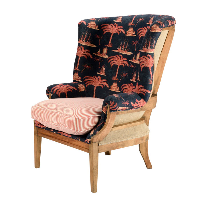 William Deconstructed Wingback Chair - Aegean Indigo & Rhubarb Stripe Linen