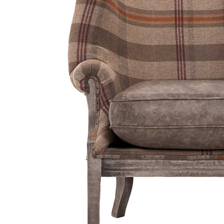 William Deconstructed Wingback Chair - Chalet Plaid & Antique Grey Leather