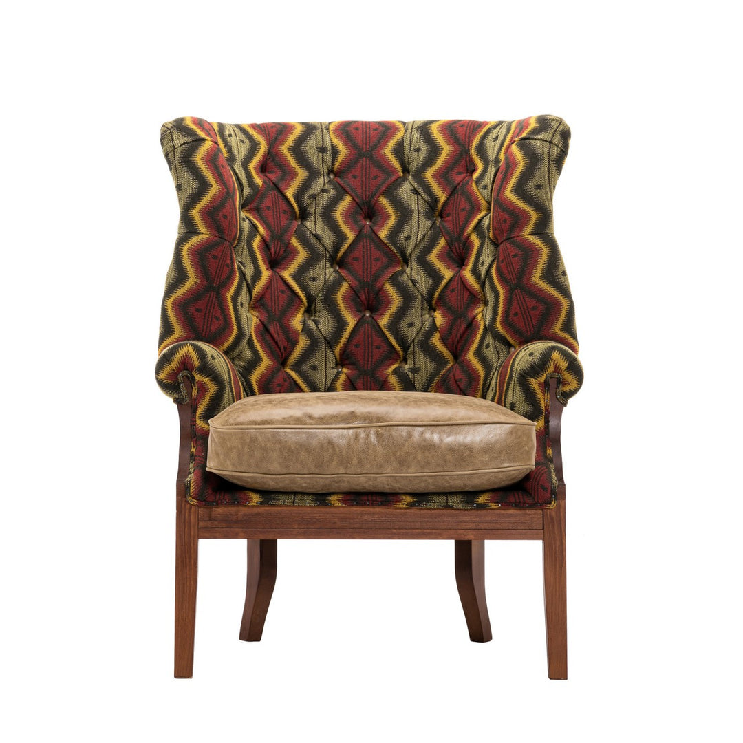 William Deconstructed Wingback Chair - Pyramidenspitze Fabric & Cambridge Sage Leather