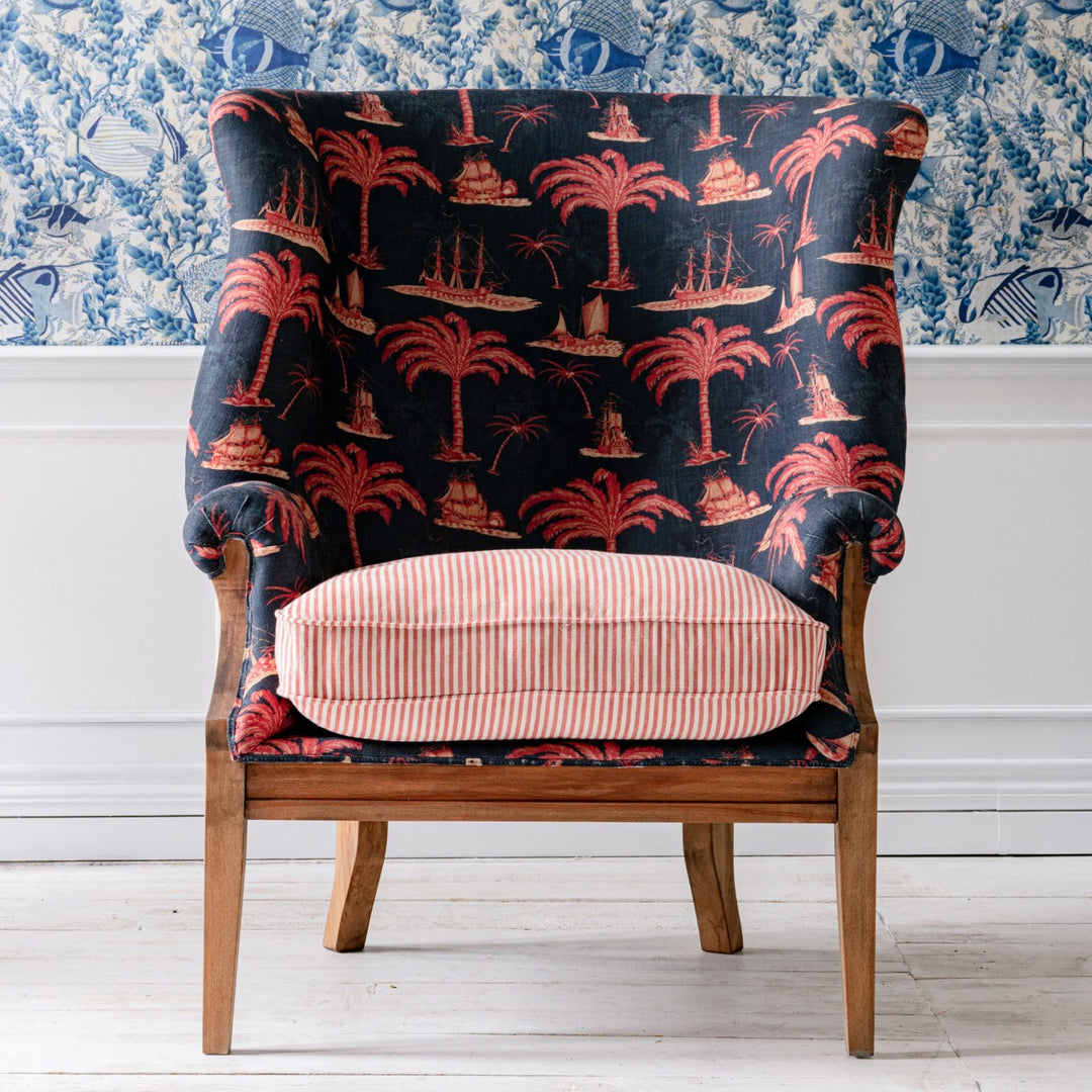 William Deconstructed Wingback Chair - Aegean Indigo & Rhubarb Stripe Linen